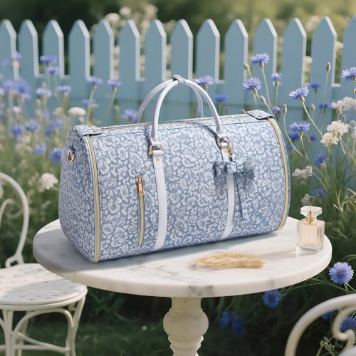 Travel Garment Bag for Women, Foldable Carry On Garment Duffle Bag 20.5x10x12.5 Inch, Convertible Overnight Bags with Shoe & Toiletry Pockets for Business Trip, Vacation, Party, Blue-White - color: White-Blue