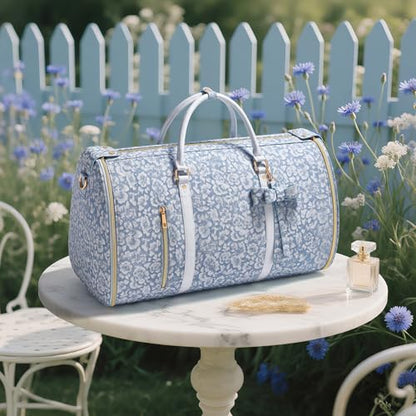 Travel Garment Bag for Women, Foldable Carry On Garment Duffle Bag 20.5x10x12.5 Inch, Convertible Overnight Bags with Shoe & Toiletry Pockets for Business Trip, Vacation, Party, Blue-White - color: White-Blue