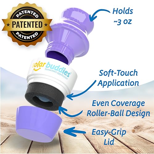 Solar Buddies Grab & Go Travel Bundle, Carabina Clip & Cleaning Brush - Single Full Purple - Refillable Roll on Sponge Sunscreen, Suncream & Lotion Applicator For Kids, Adults & Families - Holds 100ml - color: Purple Single