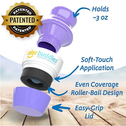Solar Buddies Grab & Go Travel Bundle, Carabina Clip & Cleaning Brush - Single Full Purple - Refillable Roll on Sponge Sunscreen, Suncream & Lotion Applicator For Kids, Adults & Families - Holds 100ml - color: Purple Single