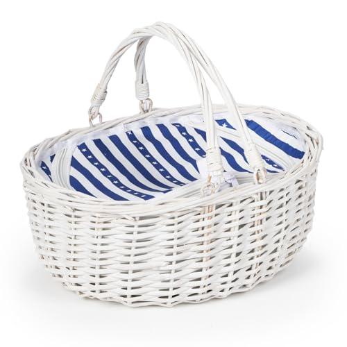 Wicker Picnic Basket with Insulated Lined Bag 15“ x 11” x 7“ Blue, White Star Stripe Pattern, Iced Beer Insulated Bag for Camping, Picnics, Birthday Gifts, Wedding Gifts - color: Blue and White Star Stripes