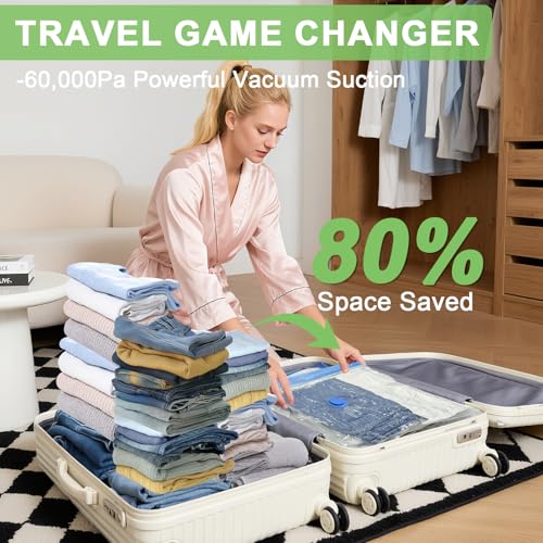 15 Pack Vacuum Seal Bags for Clothing Travel with -60000Pa USB Pump, Save 80% of Space for Clothes (15 Combo) - size: 15 Combo