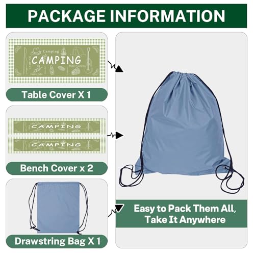 Picnic Table Cover with Bench Covers Elastic Edges, Green Camper Fitted Table Cover, Outdoor Patio Camping Essentials 72 Inch 3PCS, Waterproof Camping Fitted Tablecloth with Drawstring Bag - color: Green, size: 72in