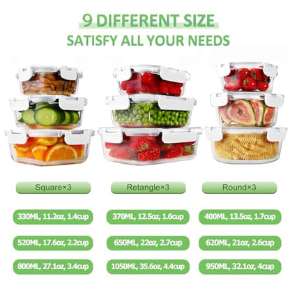 HOMBERKING Glass Food Storage Containers with Lids, [18 Piece] Meal Prep Containers, Airtight Lunch Bento Boxes (9 lids & 9 Containers) - White - color: White