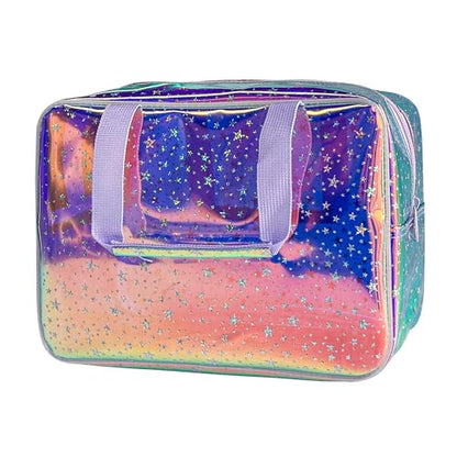 Holographic Purple Star Large Cosmetic Bag and Travel Pouch with Handle,Durable Material,Zipper Design-Ideal for Makeup,Travel Essentials (Purple Handle) - color: Purple Handle