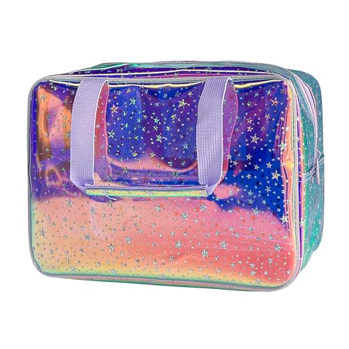 Holographic Purple Star Large Cosmetic Bag and Travel Pouch with Handle,Durable Material,Zipper Design-Ideal for Makeup,Travel Essentials (Purple Handle) - color: Purple Handle