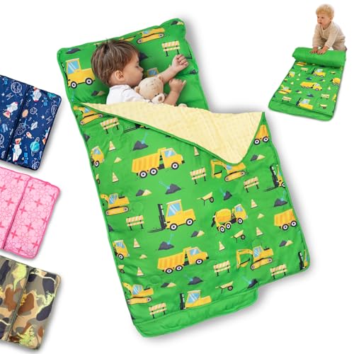 Primlect Toddler Nap Mat with Removable Pillow and Fleece Blanket, Extra Large 55''x35'' Sleeping Bag, Washable, Light, Easy to Roll up, Perfect for Daycare, Preschool, Kindergarten, Travel - color: Green Car