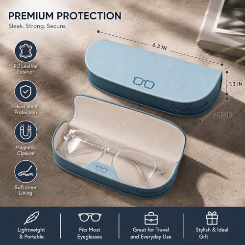Glasses Case hard shell,3-in-1 Sunglasses Case & Eyeglass Case with Cleaning Cloth & Storage Pouch - color: Light Blue