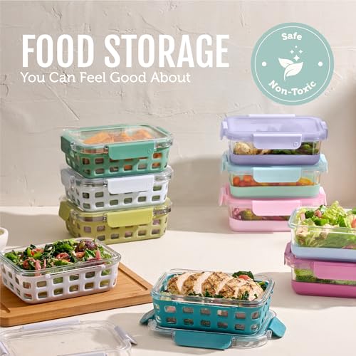 Ello Duraglass 3.4 Cup Meal Prep Sets 10Pc, 5 Pack Set- Glass Food Storage Container with Silicone Boot and Airtight BPA-Free Plastic Lids, Dishwasher, Microwave, and Freezer Safe, Garden Goals - color: Garden Goals with Boot