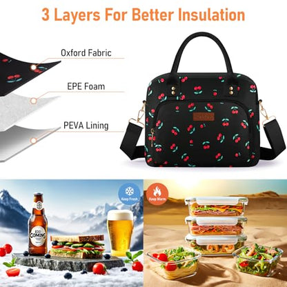Lunch Bag Large Insulated Lunch Box for Women Men Adult Cute Cherry Lunchbox Lunch Bags Boxes Pail with Shoulder Strap for Work Mom Picnic Office Travel 11.4×6.8×9.1 inches 11.5L Black - color: Black Cherry