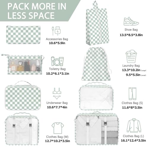 KPX 8 Set Packing Cubes for Travel, Luggage Packing Organizers Accessories Large Toiletries Bag for Clothes Shoes Cosmetics (8Set-Green Checkered) - color: 8Set-Green Checkered
