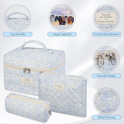 senbowe Floral Makeup Bag, 3 Pack Large Cotton Quilted Makeup Bag Set, Cute Floral Coquette Aesthetic Toiletry Bag Make Up Cosmetic Bag for Women, Toiletry Travel Make Up Organizer Bag - color: Light Blue Flower