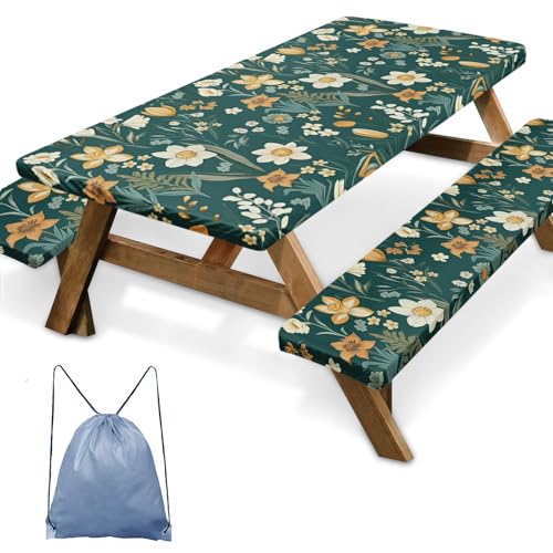 Picnic Table Cover with Bench Covers Elastic Edges, Floral Botanical Camper Fitted Table Cover, Outdoor Camping Essentials 72 Inch 3PCS, Waterproof Camping Fitted Tablecloth with Drawstring Bag - color: Floral Botanical, size: 72in