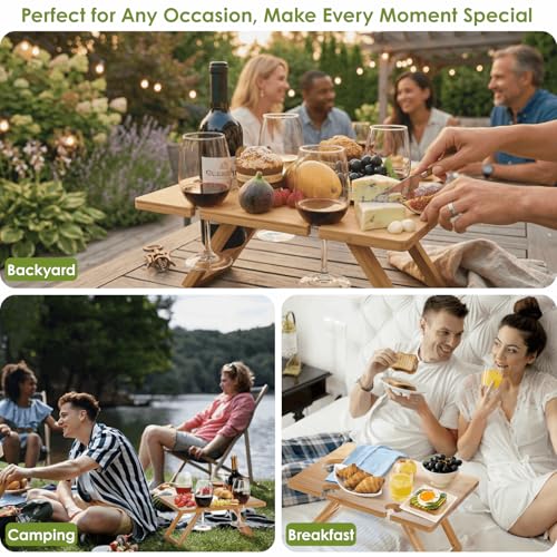 Youeon Portable Wine Picnic Table with 5 Wine Glasses Holder, Foldable Champagne Picnic Snack Table, Wine and Cheese Table for Picnic, Camping, Park, Beach, Wine Lover Gift