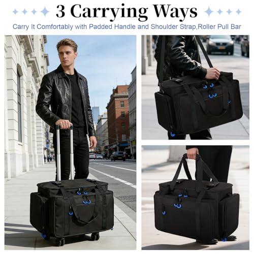 Rolling Dj Cable Bag with Laptop and Microphone Pocket, Dj Bag for Equipment and Music Accessories with Detachable Dividers, Bottom Pad, Dj Gig Bags for Musicians, Professional, Travel, Blue - color: Blue, style: Rolling Dj Cable Bag