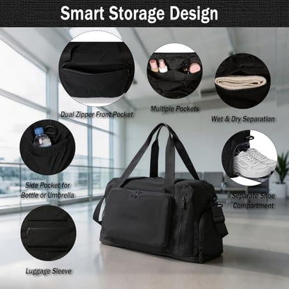 Travel Duffel Bag, 30–40L Expandable Weekender Bag with Shoe Compartment, Foldable Carry On Travel Bag with Wet Pocket and Matching Pouch - color: Black