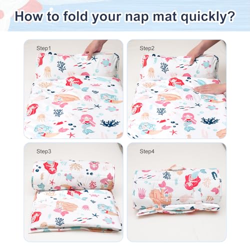 PHF Soft Toddler Nap Mat with Removable Pillow, Rollup Design Kids Sleeping Mat, Slumber Bags for Girls, 50"x20" Toddler Sleeping Bag for Daycare Preschool Travel Camping, Mermaid - color: Mermaid
