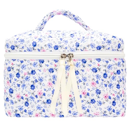 PAZIMIIK Quilted Makeup Bag Large Travel Zipper Soft Cosmetic Case for Women Girls Make Up,Floral Blue - color: Floral Blue, size: 1 PCS Bag