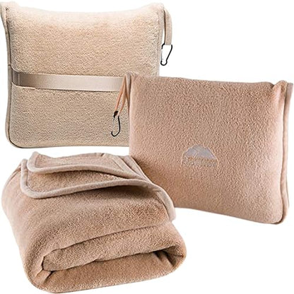 BlueHills Premium Soft Travel Blanket Pillow Airplane Blanket Packed in Soft Bag Pillowcase with Hand Luggage Belt Backpack Clip Compact Pack Large Portable Flight Throw Beige T005 - color: Beige-1pk-t005