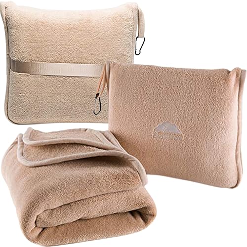 BlueHills Premium Soft Travel Blanket Pillow Airplane Blanket Packed in Soft Bag Pillowcase with Hand Luggage Belt Backpack Clip Compact Pack Large Portable Flight Throw Beige T005 - color: Beige-1pk-t005