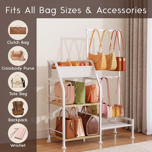 Homsorout Purse Organizer for Women - 3-Tier Storage Stand & 12 Fixed Hooks, Visible Backpack Storage, Space-Saving Bag Organizer Rack for Home, Closet, White - color: White
