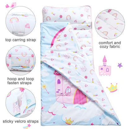 PHF Soft Toddler Nap Mat with Removable Pillow, Rollup Design Kids Sleeping Mat, Slumber Bags for Girls, 50"x20" Toddler Sleeping Bag for Daycare Preschool Travel Camping, Castle - color: Castle