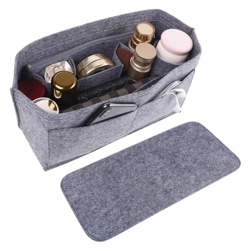 Doxo Purse Organizer Insert for Handbags & Base Shaper 2pc Set, Felt Neverfull MM Organizer Insert, Tote Bag Organizer with Zipper Pocket and Bottle Holder, Fit Speedy 30 Neverfull MM and More,Gray-L - color: Gray, size: Large