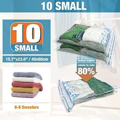 Vacuum Storage Bags, 10 Small Space Saver Vacuum Seal Bags, Space Bags, Vacuum Sealer Bags for Clothes with Travel Hand Pump (10S) - size: 10-Small