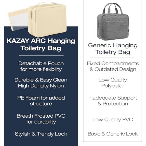 KAZAY Hanging Toiletry Bag with TSA Approved Detachable Pouch, Compact Travel Size, Travel Toiletry Bag, Water Resistant, Premium Nylon, Travel Size Toiletries, Cosmetic Makeup Bag, Unisex (Beige) - color: Beige