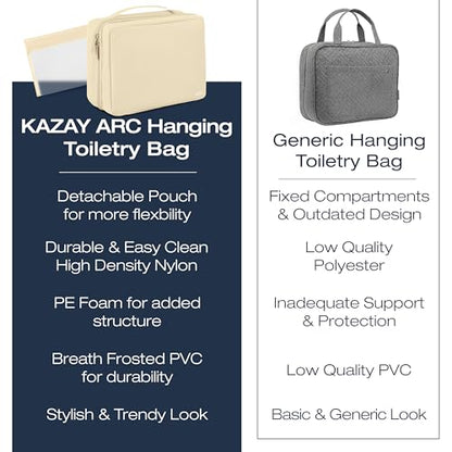 KAZAY Hanging Toiletry Bag with TSA Approved Detachable Pouch, Compact Travel Size, Travel Toiletry Bag, Water Resistant, Premium Nylon, Travel Size Toiletries, Cosmetic Makeup Bag, Unisex (Beige) - color: Beige