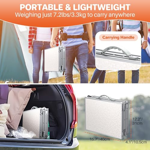 FUNYKICH 3ft Portable Folding Table with 3 Adjustable Height, 34.2'' Lx15.7'' W Camping Tables, Lightweight Aluminum Outdoor Picnic Table with Carry Handle for Car Camping, Outdoor Dining, Beach - size: 34.2''x15.7''x27.5''(White)