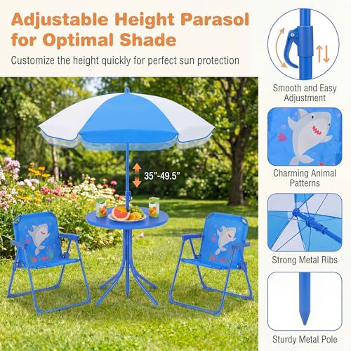 HONEY JOY Kids Picnic Table, Animal Themed Toddler Outdoor Table and Chair Set, 2 Folding Chairs & Removable Umbrella, Children Outdoor Furniture for Backyard Patio Garden (Blue Shark) - color: Blue Shark