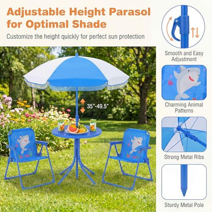 HONEY JOY Kids Picnic Table, Animal Themed Toddler Outdoor Table and Chair Set, 2 Folding Chairs & Removable Umbrella, Children Outdoor Furniture for Backyard Patio Garden (Blue Shark) - color: Blue Shark