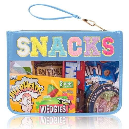 Chenille Letter Clear Zipper Pouch for Travel Preppy Patch Makeup Bag-Nylon Cosmetic Preppy Makeup Waterproof Organizer Bag Set for Women Valentines Bag (BL-snacks) - color: BL-snacks