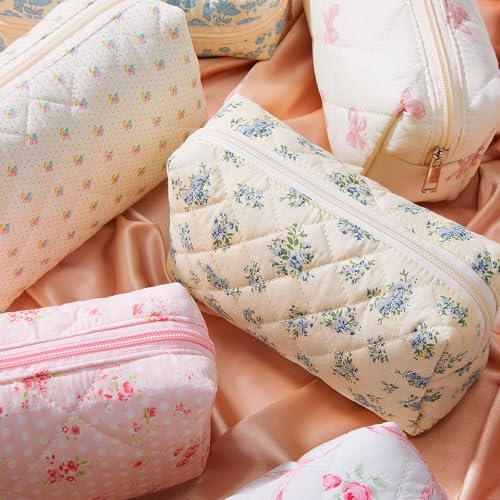 Paterr 20 Pcs Cotton Quilted Makeup Bag Bulk Coquette Cosmetics Bag Flower Aesthetic Essential Pouch Emergency Travel Toiletry Cotton Pouch Gifts for Women (Bow Floral) - style: Bow Floral
