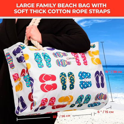 Beach Bag and Pool Bag Has Cooler Pocket, 7 Pockets Total, Zip Top. Family Size Waterproof Beach Tote - color: Funky Flip Flops