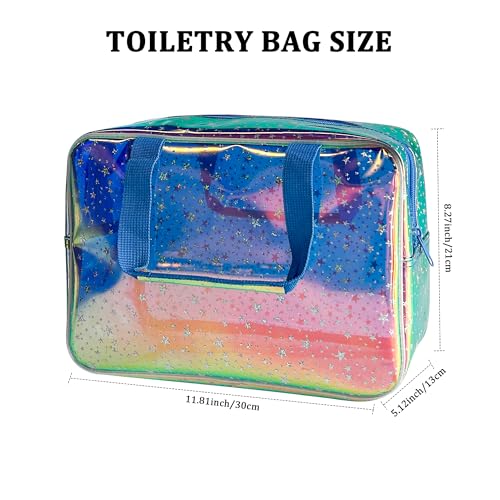 Holographic Blue Clear Star Large Cosmetic Bag and TPU Travel Pouch with Handle,Durable Material,Zipper Design-Ideal for Makeup,Travel Essentials (Holographic Blue+Star) - color: Holographic blue+Star