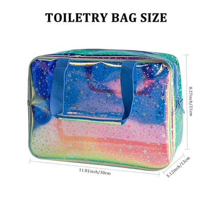 Holographic Blue Clear Star Large Cosmetic Bag and TPU Travel Pouch with Handle,Durable Material,Zipper Design-Ideal for Makeup,Travel Essentials (Holographic Blue+Star) - color: Holographic blue+Star
