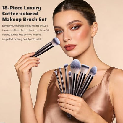 BS-MALL Makeup Brush Set 18 Pcs Premium Synthetic Foundation Powder Concealers Eye shadows Blush Makeup Brushes with black case (Coffee) - color: Coffee