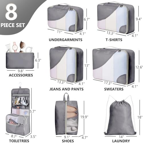 8 Set Packing Cubes for Travel, Grey - color: Ash, size: 8 Set