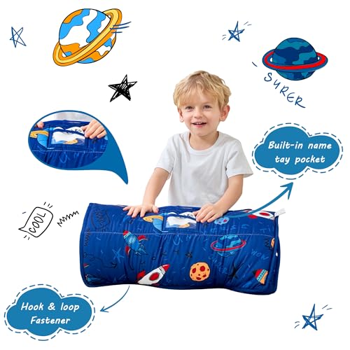 Lasoftan Toddler Nap Mat with Pillow and Blanket, Extra Large Rolled Napping Mats,Slumber Bags for Boys Girls,Kids Sleeping Bag for Daycare, Preschool Travel Camping - color: Universe