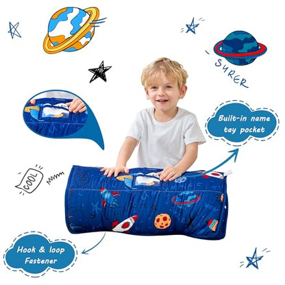 Lasoftan Toddler Nap Mat with Pillow and Blanket, Extra Large Rolled Napping Mats,Slumber Bags for Boys Girls,Kids Sleeping Bag for Daycare, Preschool Travel Camping - color: Universe