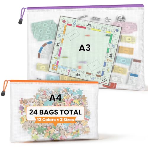 Umriox Mesh Zipper Pouch Bags, A3+A4 (12 Colors, 24 Packs), Large Storage Bags, Zipper Bags for Office Supplies Travel Accessories and Board Games Storage - style: Multicolored-24pcs A3+A4