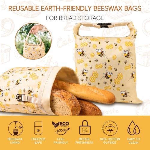 2 Pack Beeswax Bread Bags for Sourdough, Reusable Cotton Linen Bread Storage Bags for Homemade Bread, XL 17'' x 13'', Roll-Up Closure, Freezer Safe - color: Regular Buckle