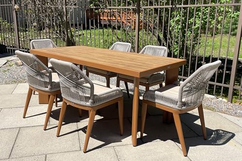 PURPLE LEAF 7 Pieces Dining Set Patio Metal Rectangular Table and Wicker Rattan Chairs for Outside Porch Garden Kitchen Modern Outdoor Furniture Sets - color: Deep Teak, size: 7 PCS, style: Rectangular