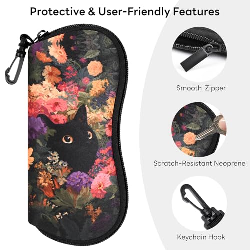 Sunglasses Case with Belt Clip, Ultra Light Neoprene Zipper Soft Padded Glasses Case for Women Men - color: Garden Cat