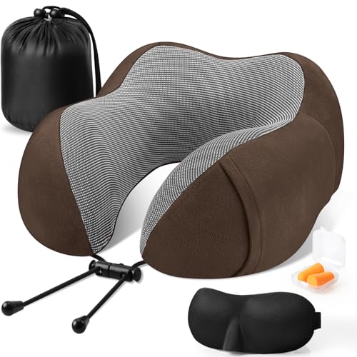 CloudBliss Travel Pillow for Plane, Memory Foam Neck Pillow for Travel, Airplane Pillow with Eye Mask, Earplugs, Storage Bag, Compact Neck Pillow for Long Flight, Car & Office, Trip Essentials, Brown - color: Brown