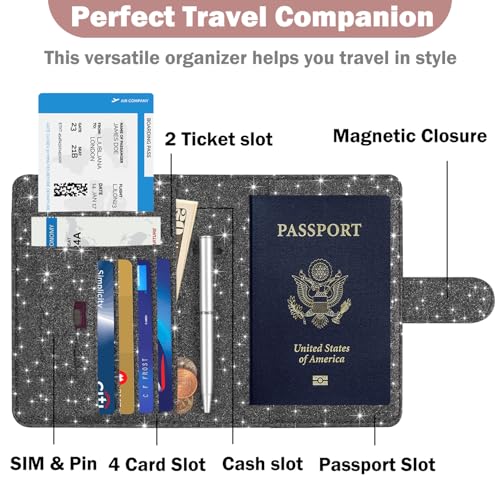 HOTCOOL Passport Holder Travel Essentials Airplane & Cruise Essentials Ship Leather Wallet Cover Case RFID Blocking Women & Men Vacation Travel Accessories Gifts Deals, Glitter - Black - color: B Glitter Black