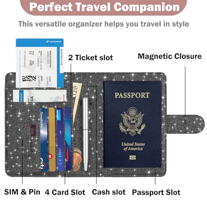 HOTCOOL Passport Holder Travel Essentials Airplane & Cruise Essentials Ship Leather Wallet Cover Case RFID Blocking Women & Men Vacation Travel Accessories Gifts Deals, Glitter - Black - color: B Glitter Black