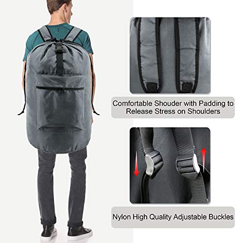 BeeGreen Gray Laundry Backpack w Adjustable Shoulder Straps & Drawstring College Dorm Room Essentials w Handle for Travel Trip Lightweight Durable Laundry Bag Hamper Portable - color: Grey, style: With Front Zipper Pocket
